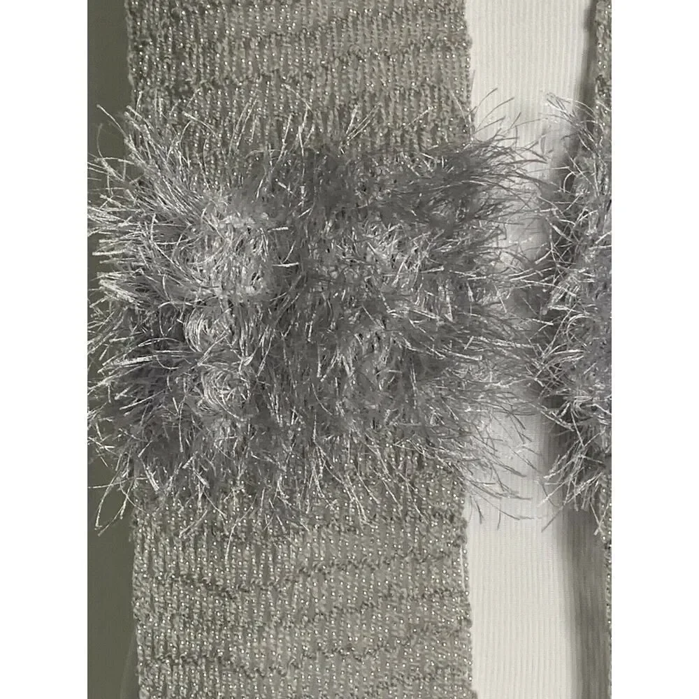 Handmade Homemade Knit Crochet Scarf Neck Wrap Gift Gray Silver Fringe NEW